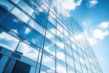 Reflective skyscrapers, business office buildings. Low angle photography of glass curtain wall details of high-rise buildings.The window glass reflects the blue sky and white clouds. - obrazy, fototapety, plakaty