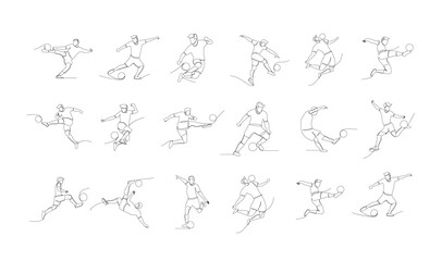 Continuous line drawing of football player jump and fly to kicking ball. Single one line art of young man playing soccer ball template
