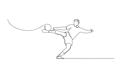 Continuous line drawing of football player jump and fly to kicking ball. Single one line art of young man playing soccer ball template © alpha