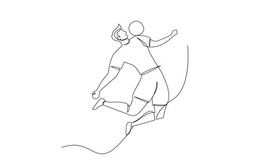 Continuous line drawing of football player jump and fly to kicking ball. Single one line art of young man playing soccer ball template