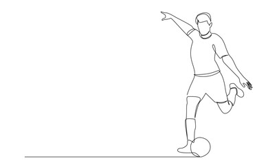 Continuous line drawing of football player jump and fly to kicking ball. Single one line art of young man playing soccer ball template