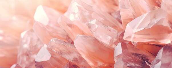 Trendy quartz stone crystals on satin background, close up. peach color