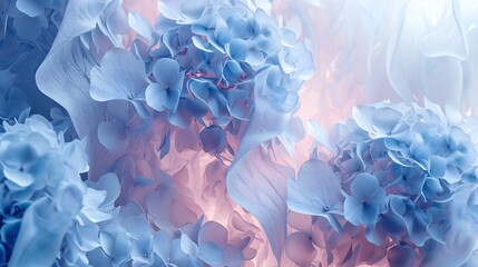 Hydrangea blossoms under a snowy whirl, each petal exhibiting the wavy and calming beauty of winter. - obrazy, fototapety, plakaty