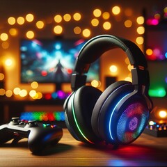 Gamer headset with RGB lights gamer room in background bokeh background