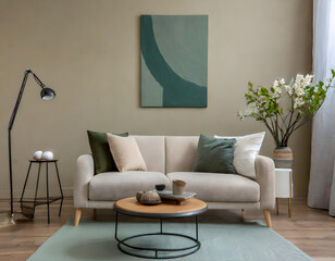  Minimalist composition of elegant and outstanding space with beige sofa, coffee table, vase. Generative AI.