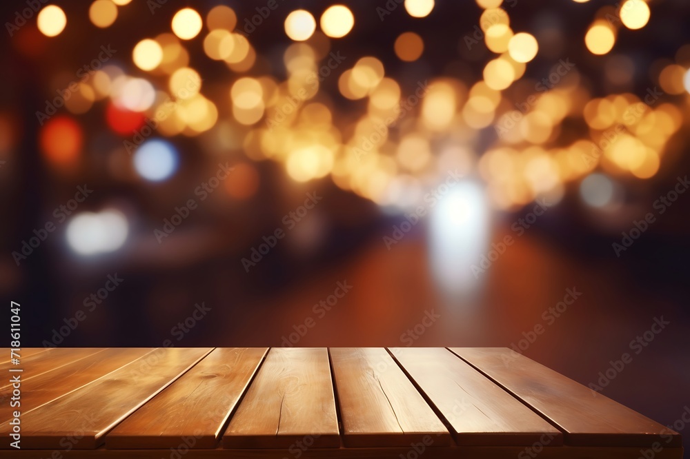 Poster empty wooden table and bokeh lights background. for product display