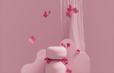 3D background, pink podium display. Sakura pink flower falling. Floral Cosmetic or beauty product promotion step pedestal. Abstract minimal 3D render. Copy space spring mockup.