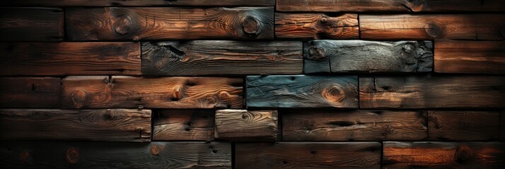 A rustic wooden wall with a rich texture and varied brown tones.