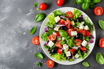 White plate with Greek salad featuring greens olives and feta cheese from a top perspective