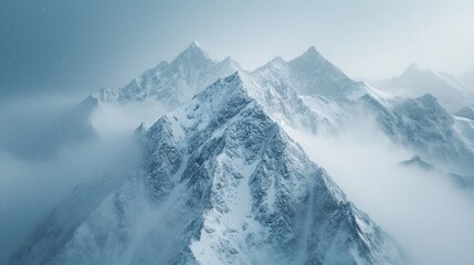 Snow-covered peaks, drone perspective, macro lens, overcast sky, minimalist, high-key photography.