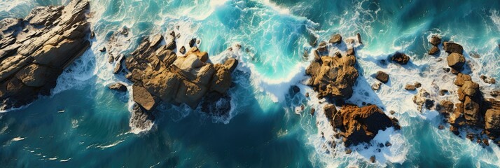 Aerial view of rocky coastline with tumultuous waves crashing against the shore.