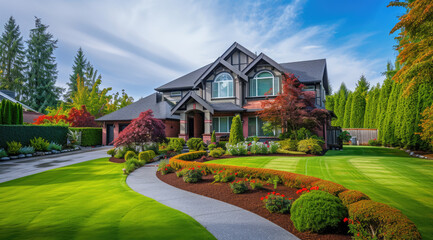 an awesome house with a green grass lawn and beautiful garden - obrazy, fototapety, plakaty