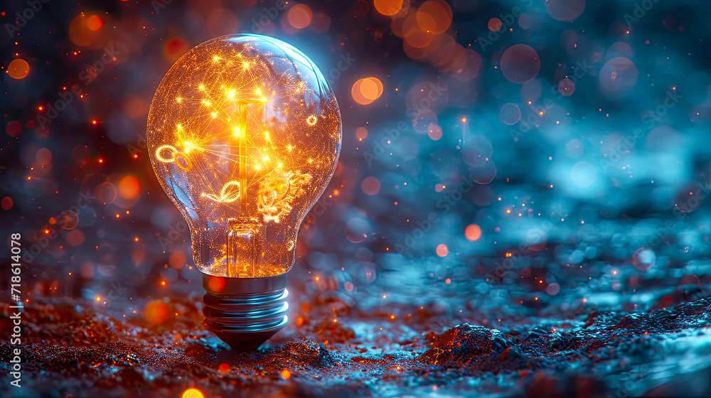Poster conceptual image with lightbulb with moving gears as a symbol of an idea on dark background