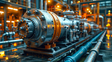 Fototapeta premium Industrial zone, heat exchanger steel pipelines, valves and cables in a factory oil refinery