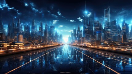 Futuristic city at night with road and lights