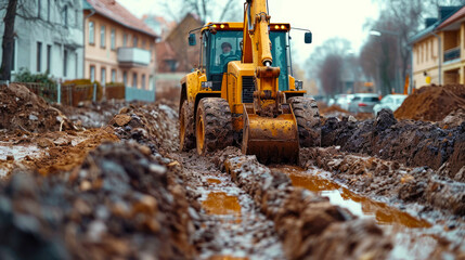 Excavator working on a construction site. Heavy duty construction equipment - obrazy, fototapety, plakaty