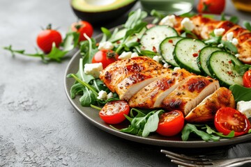 Healthy salad with chicken avocado cherry tomatoes cucumbers arugula and feta cheese on a gray concrete plate