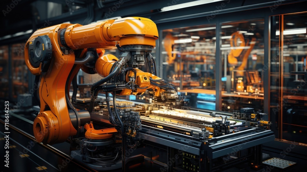 Poster 3d rendering robotic arms working on a factory conveyor belt