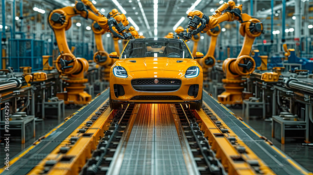 Poster robot arm assembly line in factory. concept of artificial intelligence for industrial revolution and