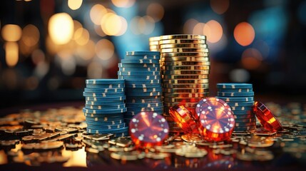 Casino theme, pile of golden and red casino chips, dice and laptop on dark background