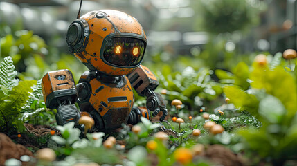 Toy robot in the botanical garden, concept of robotic farmers and automatic growing of food vegetables - obrazy, fototapety, plakaty