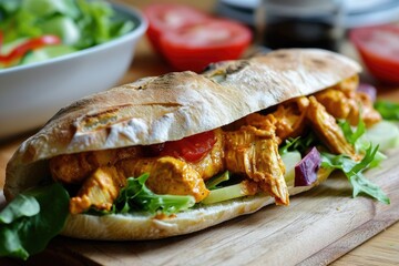 Curry chicken sandwich and salad