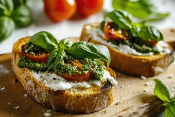 Delicious bruschetta with cream cheese pesto and basil on a white background