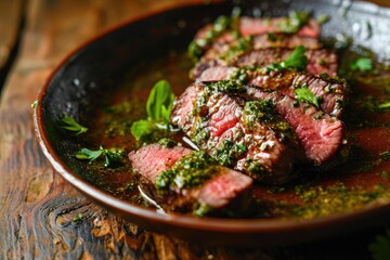 Beef slices in pesto sauce on a wooden plate - obrazy, fototapety, plakaty