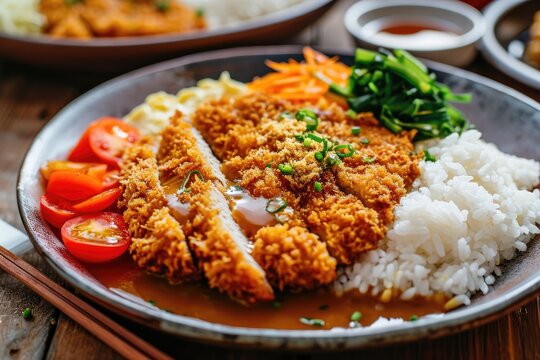 Japanese style curry rice with tonkatsu and creamy omelet