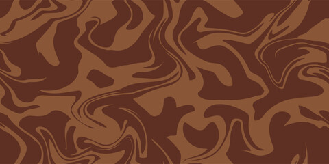 Abstract brown psychedelic waves print background. 1970s trippy seamless pattern. Marble acrylic swirl pattern. Coffee or chocolate liquid texture. - obrazy, fototapety, plakaty
