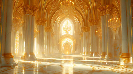 A realistic fantasy interior of the royal palace. gold and red palace. castle interior. Fiction Backdrop, generative ai - obrazy, fototapety, plakaty