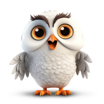 3D happy funny owl character on white backdrop