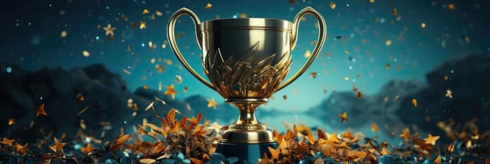 A gleaming trophy against a backdrop of golden leaves and starry sky. - obrazy, fototapety, plakaty