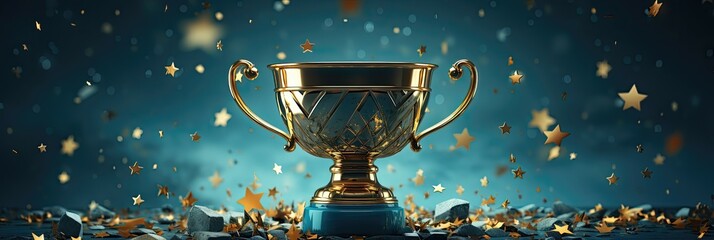 An illustrious trophy cup surrounded by sparkling stars and golden leaves. - obrazy, fototapety, plakaty