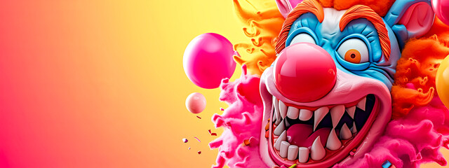 clown-like character with exaggerated facial features, set against a gradient orange and yellow background.