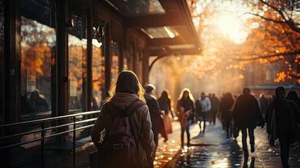 Foto op Canvas City street scene bathed in golden sunset light, with pedestrians and autumn leaves. © AdriFerrer