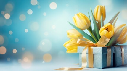 Bright yellow tulips and elegantly wrapped gifts adorned with blue and golden ribbons against a soft blue background with light bokeh and golden glitter on the surface