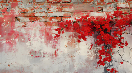 Red Flowers Painting on Brick Wall