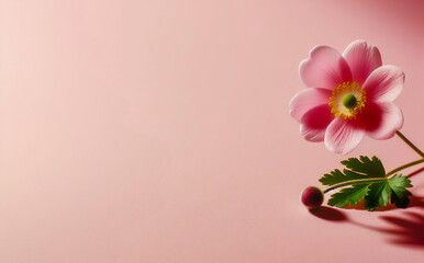 Fototapeta na wymiar Small Pink Flower Pink Background. Flower and Leaves Wallpaper Backdrop