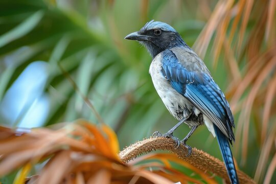 Florida scrub jay perched on a palm frond