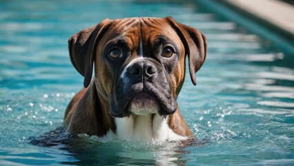 Brindle boxer in the swimming pool