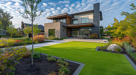 Fototapeta na wymiar an awesome modern house with a green grass lawn and beautiful garden