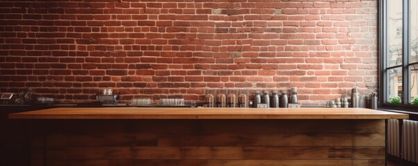 Empty coffee shop interior daytime with wooden design counter red brick wall in background