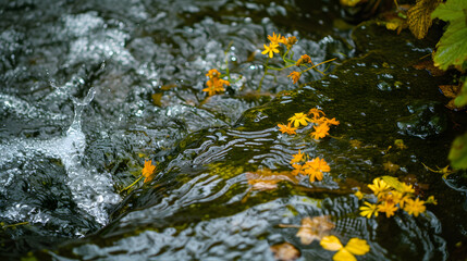 Obraz na płótnie Canvas Yellow Flowers Floating in a Stream of Water