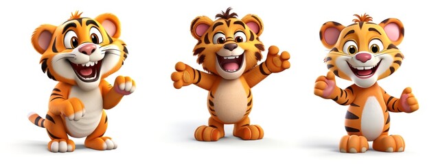 3D happy funny tiger character on white background