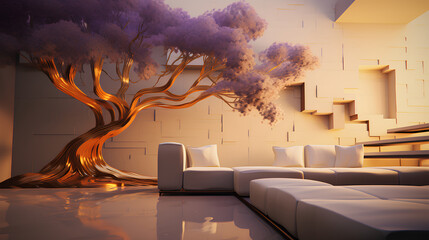 painting of a living room with a tree inside it 