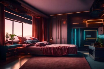luxury bedroom of the hotel with neon lights