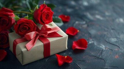 Red Roses and Gift Box with Ribbon Bow with dark background for Valentine Day Product Mockup