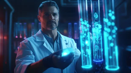 Fotobehang scientist holding medical testing tubes or vials of medical pharmaceutical research with blood cells and virus cure using DNA genome sequencing biotechnology as wide banner hologram © ANStudio