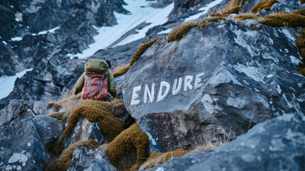 Resilient Trekker Passing 'ENDURE' Message Engraved on a Snowy Mountain Rock Face.